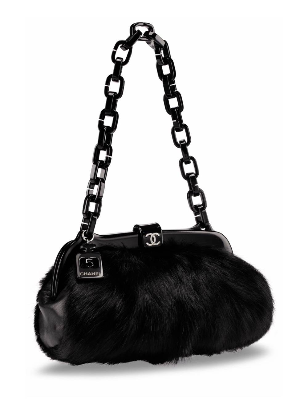 Unbranded Black real Fur & Patent Leather Shoulder Bag with Chain Strap